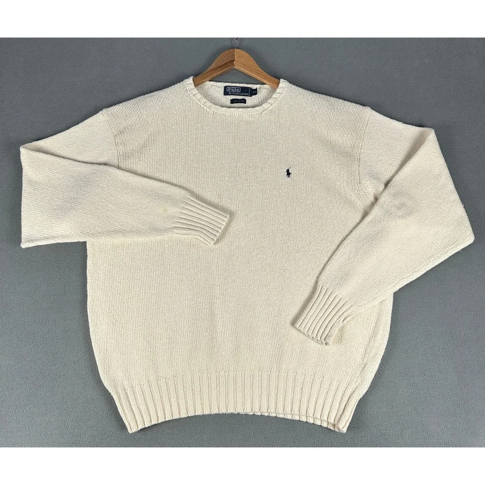 Polo Ralph Lauren Sweater 2XL Ivory Beige Pony Rib Knit Heavyweight Old Money